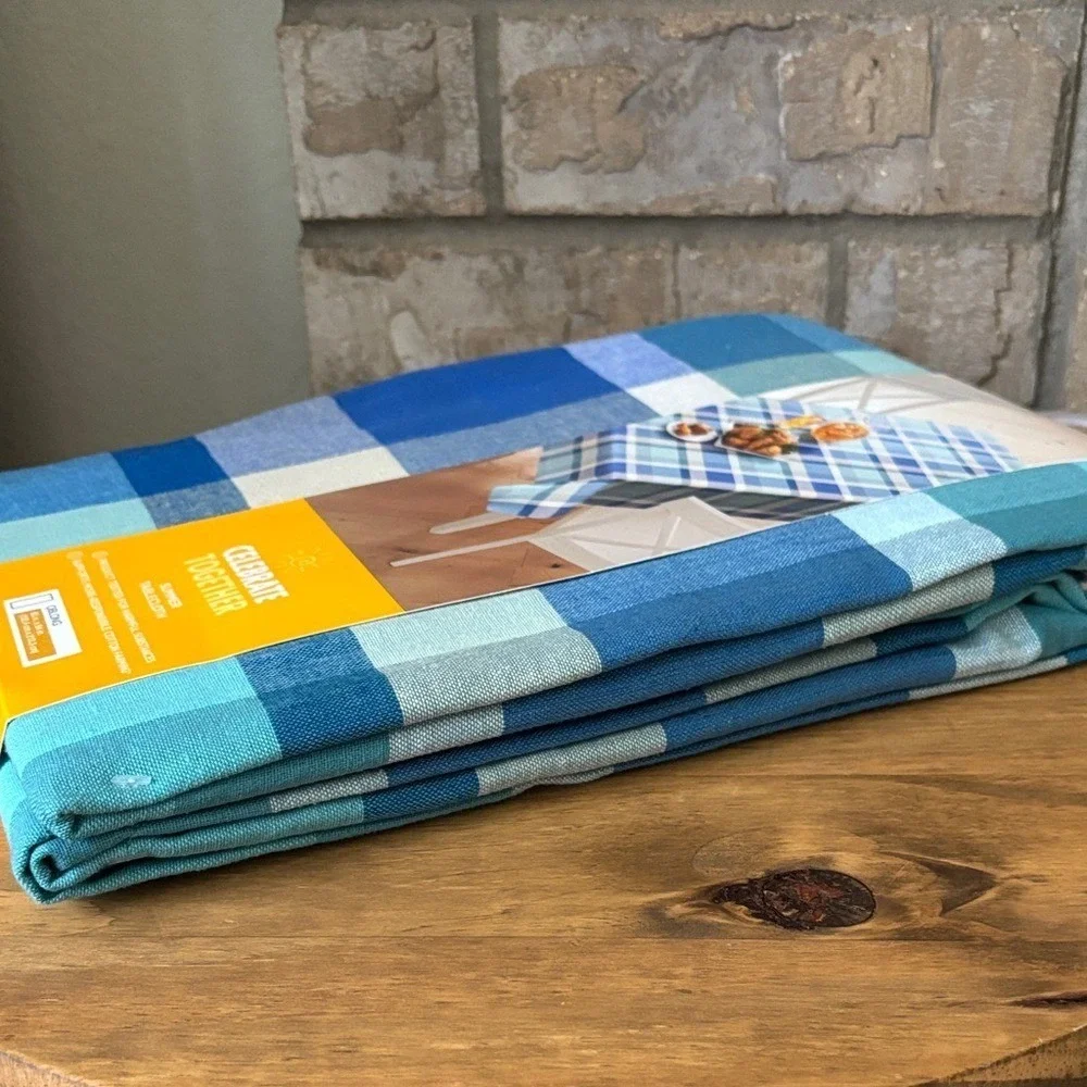 Celebrate Together Blue Gingham Plaid Picnic Table Cloth Fabric 60" by 84" NEW - Picture 7 of 11